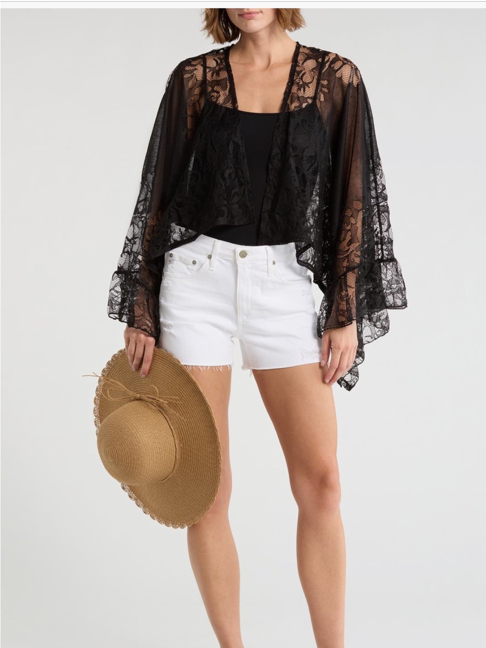 Black Lace Kimono Top - Women's Lightweight Layer Vince Camuto OS